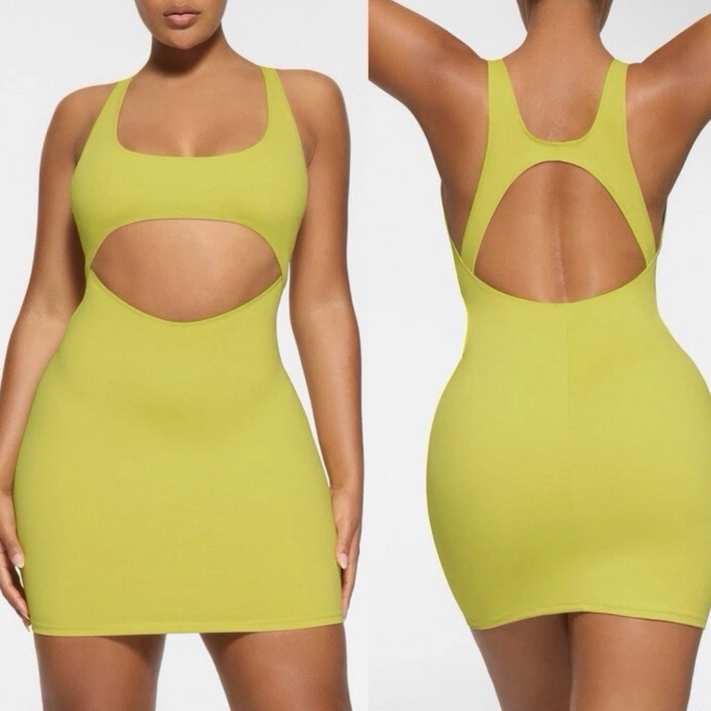 NWT SKIMS Recycled Swim Cut Out Tank Dress Citrus XS Yellow-Green Cover Up
